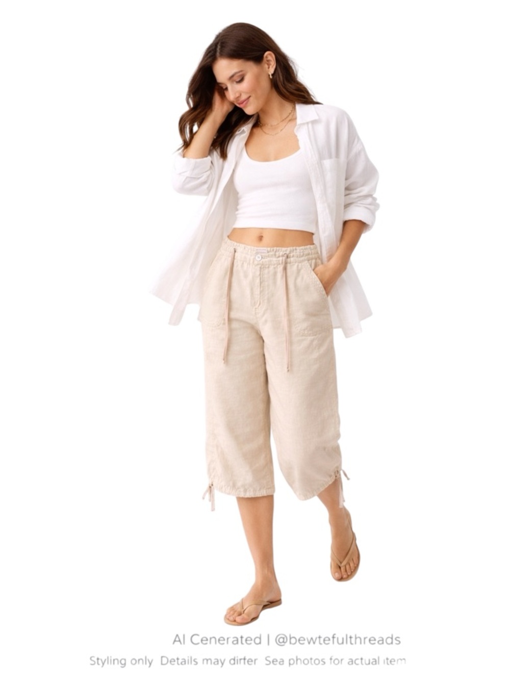 Linen Utility Capri Pants Neutral Minimalist Coastal Chic Wide Leg Cargo Lounge